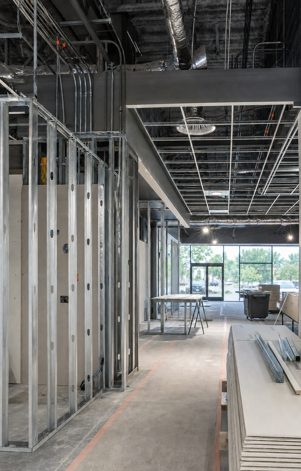 Commercial tenant-improvement renovation in progress with metal framing and coordinated MEP work