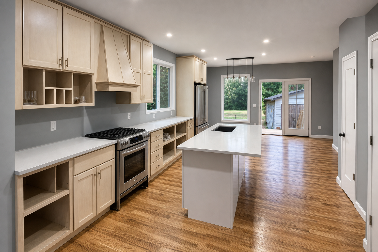Organized late-stage kitchen renovation with cabinetry and island installation in progress